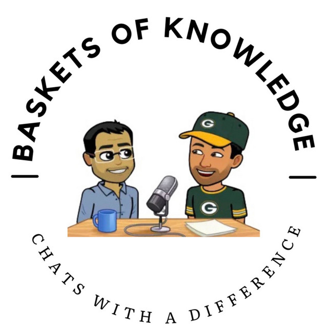 Podcast tile illustrated with cartoon hosts, for Baskets of Knowledge.