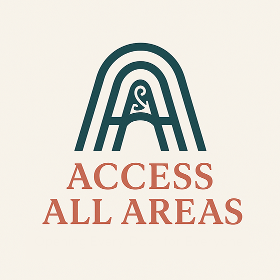 Access All Areas logo: three A's layered together with a koru at the centre, symbolising togetherness and growth.